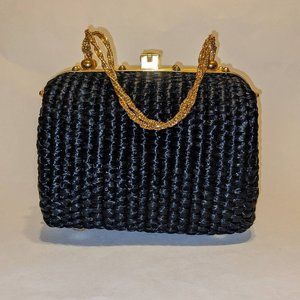 Elegant Black Straw Handbag with Gold Tone Hardware & Chain, By Sapphire Florida